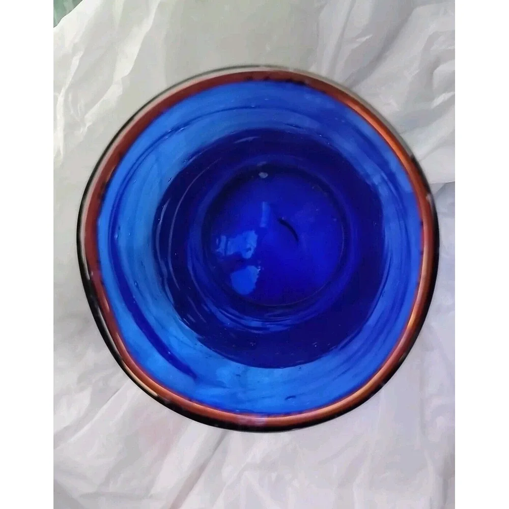 Handblown Glass Tumbler Vase Bubble Swirl Cobalt Blue Rocks Metallic Rim 5